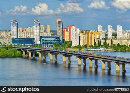 Capital of Ukraine - Kiev. Paton bridge and new residential district on the left coast of Dnieper in Kyiv.