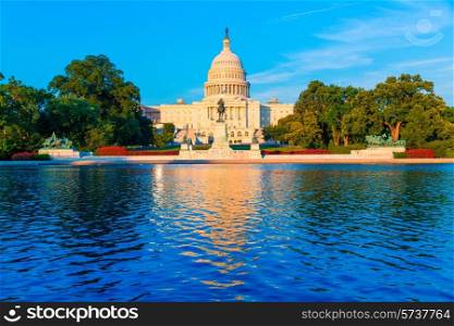 Capitol building Washington DC sunlight USA US congress refecting pool