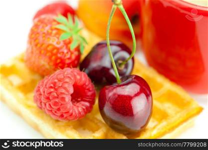 cappuccino cup, waffles, cherries, strawberries and raspberries isolated on white