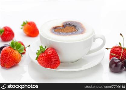 cappuccino in a cup in the shape of hearts,cherry and strawberries isolated on white