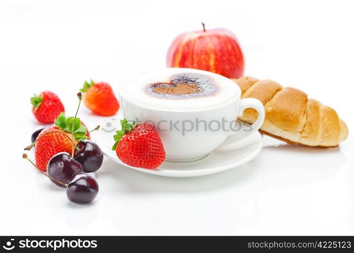 cappuccino in a cup in the shape of hearts,cherry,apple ,croissant and strawberries isolated on white