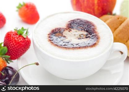 cappuccino in a cup in the shape of hearts,cherry,croissant and strawberries isolated on white