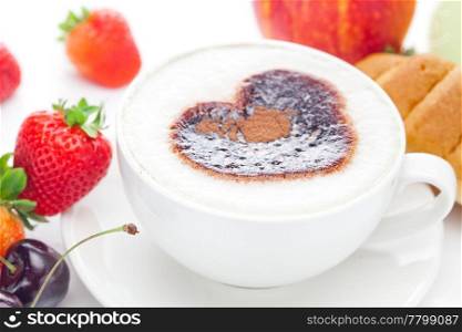 cappuccino in a cup in the shape of hearts,cherry,croissant and strawberries isolated on white