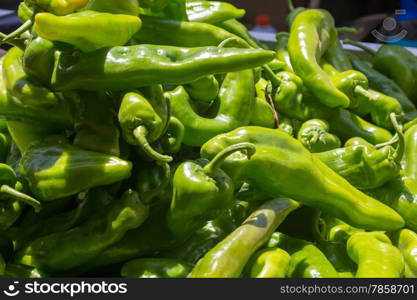 Capsicum fresh green peppers and red flowers