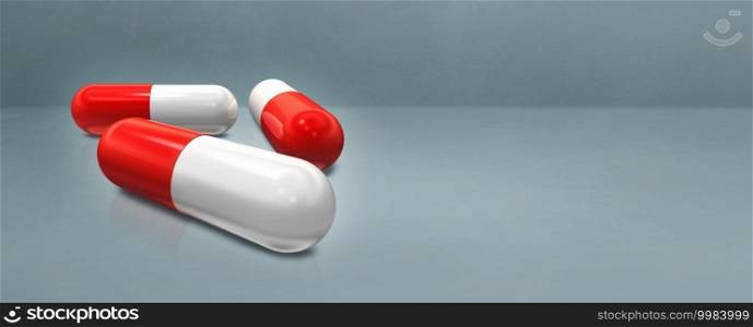 Capsule pill isolated on a concrete studio banner. 3D illustration. Capsule pill on a concrete studio banner