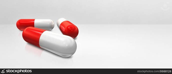 Capsule pill isolated on a white concrete studio banner. 3D illustration. Capsule pill on a white concrete studio banner