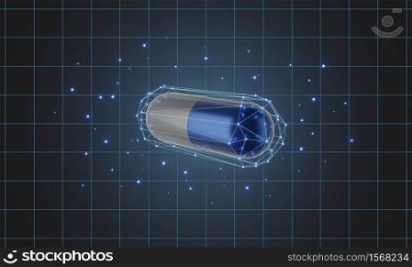 Capsule pill with wireframe as barrier for protection, healthcare medical medicine concept, 3D render