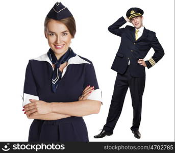 Captain of the aircraft and a beautiful flight attendant in a dark blue uniform, isolated on white background