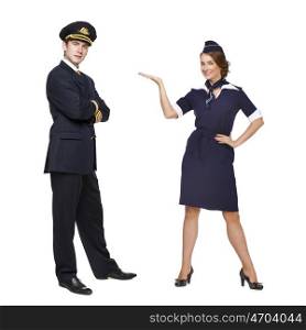 Captain of the aircraft and a beautiful flight attendant in a dark blue uniform, isolated on white background