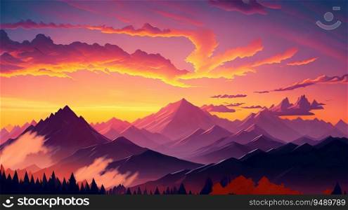 Captivating Autumn Sunrise  Cloudy Sky over Mountains. Generative AI.