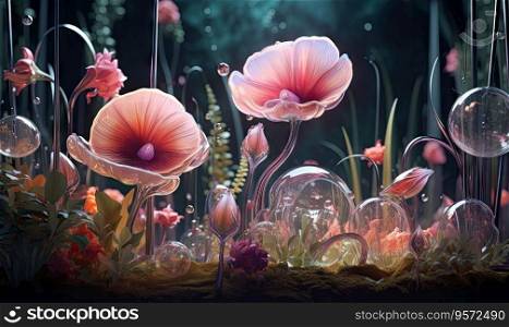 Captivating still life with glowing petals, showcasing nature’s beauty in a serene setting. glassmorphism art Ethereal display of vibrant flowers in a glass vase. Created with generative AI tools. Captivating still life with glowing petals. glassmorphism art. Created by AI
