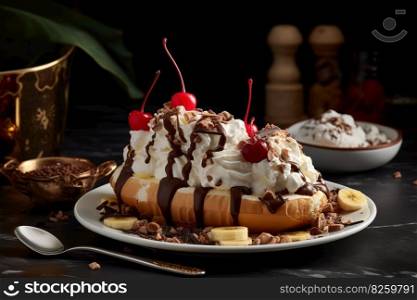 Capturing the moment when toppings, such as hot fudge, caramel sauce, are added to a banana split, emphasizing the dessert’s indulgent and irresistible nature. Generative AI