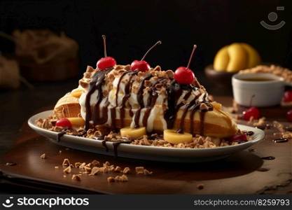 Capturing the moment when toppings, such as hot fudge, caramel sauce, are added to a banana split, emphasizing the dessert’s indulgent and irresistible nature. Generative AI