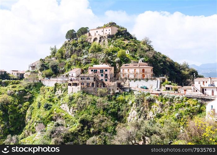 Capuchins? Monastery and houses on top of calvario mount in town Savoca in Sicily, Italy