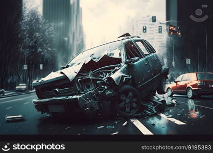 Car accident concept with car collision on city highway road. Neural network AI generated art. Car accident concept with car collision on city highway road. Neural network generated art