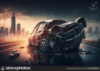 Car accident concept with car collision on city highway road. Neural network AI generated art. Car accident concept with car collision on city highway road. Neural network generated art