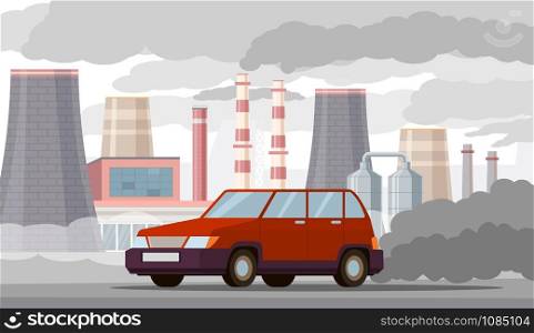 Car air pollution. Co2 emissions by vehicles and industrial factories, city traffic smog. Toxic automobile exhaust problem vector urban ecology concept. Car air pollution. Co2 emissions by vehicles and industrial factories, city traffic smog. Toxic automobile exhaust problem vector concept