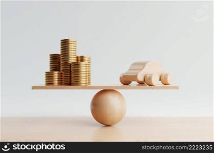 Car and money coin with balancing weight scale on wooden background. Financial and Transportation production concept. Loan and real estate theme. 3D illustration rendering