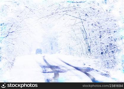 Car and winter road in snowfall forest. Fairy forest covered with snow. Rural road with car at dark night time. Winter driving car at snowfall night