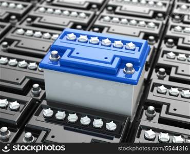 Car batteries background. Blue accumulators. Three-dimensional image. 3d