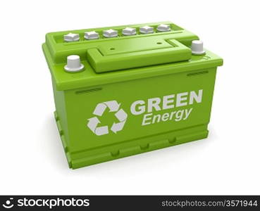 Car battery with green recycle sign. 3d