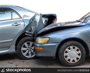 Car crash accident on street with wreck and damaged automobiles. Accident caused by negligence And lack of ability to drive. Due to illness