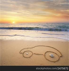 Car drawing on sea shore during the sunset. Nature and concept design.