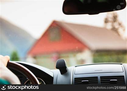 Car driving, view from inside on dashboard and window. Traveling using vehicles concept.. Car driving, view from inside on dashboard