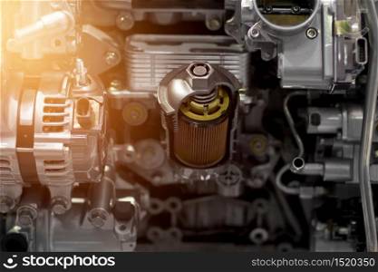 Car engine part, concept of modern vehicle motor and cut metal car engine part details
