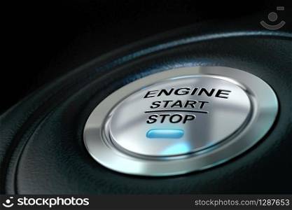 Car engine start and stop button with blue light anf black textured background, close up and details on the text. Car engine start and stop button