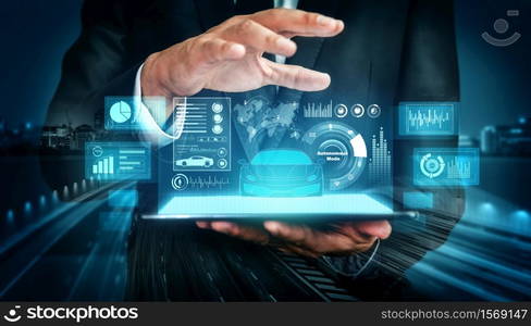 Car engineer work on 3D model prototype design on virtual screen . Smart vehicle intelligent car concept.