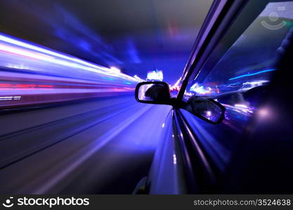 car fast drive on highway in night