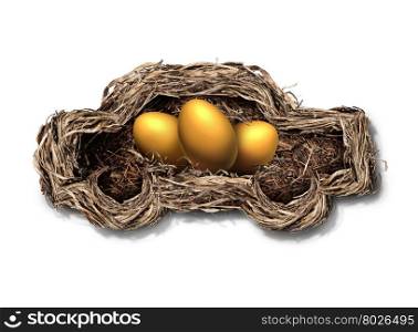 Car financing concept as a nest shaped as an automobile or auto with golden eggs inside as a financial symbol for transportation investment or leasing payments with 3D illustration elements.