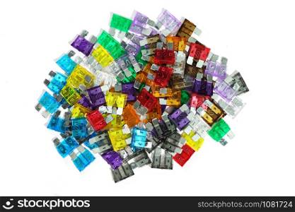 Car fuse colorful electrical automotive fuses isolated on white background.