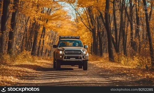 Car in autumn forest. Illustration Generative AI 