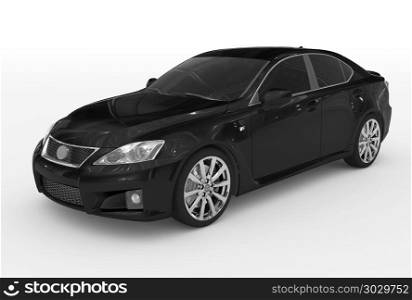 car isolated on white - black paint, tinted glass - front-left side view - 3d rendering. car isolated on white - black paint, tinted glass - front-left s