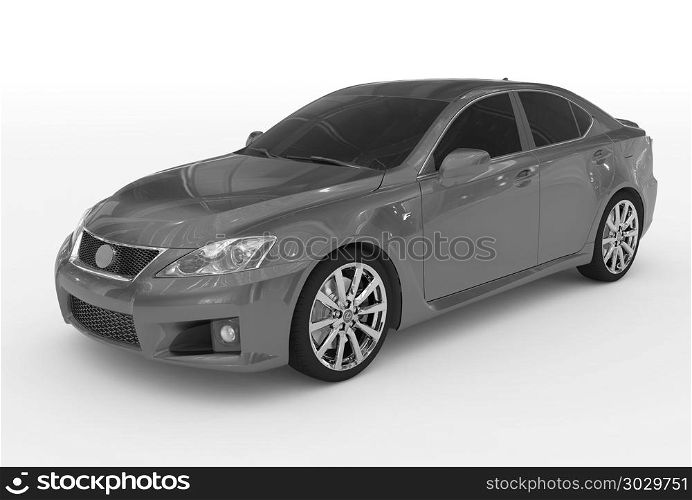 car isolated on white - gray paint, tinted glass - front-left side view - 3d rendering. car isolated on white - gray paint, tinted glass - front-left si