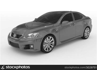 car isolated on white - gray paint, tinted glass - front-left side view - 3d rendering. car isolated on white - gray paint, tinted glass - front-left si