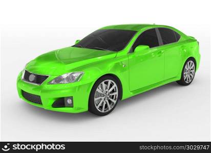car isolated on white - green paint, tinted glass - front-left side view - 3d rendering. car isolated on white - green paint, tinted glass - front-left s