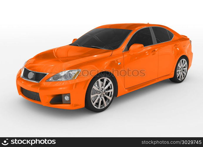 car isolated on white - orange paint, tinted glass - front-left side view - 3d rendering. car isolated on white - orange paint, tinted glass - front-left