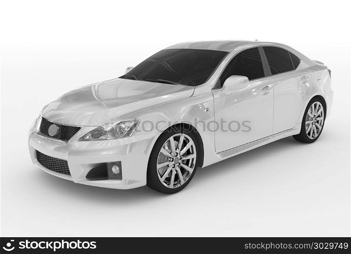 car isolated on white - white paint, tinted glass - front-left side view - 3d rendering. car isolated on white - white paint, tinted glass - front-left s