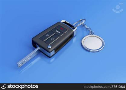 Car key with metal keyring on blue shiny background
