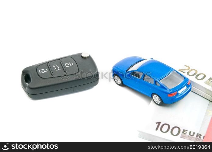 car keys, blue car and euro banknotes on white