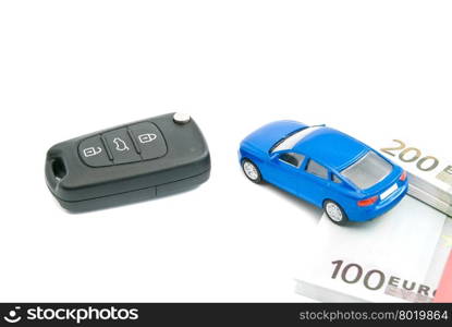 car keys, blue car and euro banknotes on white