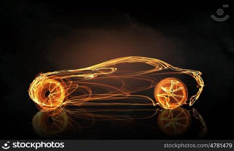 Car light symbol. Glowing abstract car outline silhouette on dark background