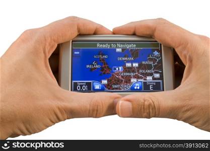 Car navigation with two hands isolated on white