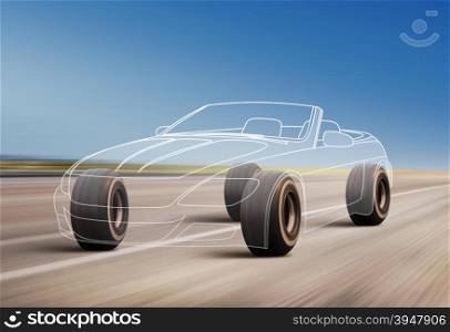 car outline and wheels rushes on road with high speed
