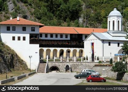 Car park and entrance of monastery near Pljevlja, Montenegro
