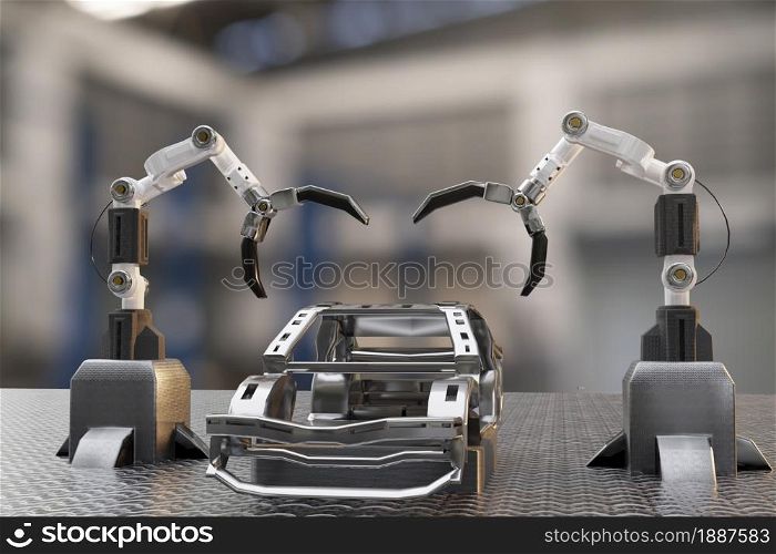 Car production processing service in factory robot hi tech robotic AI control arm hand robot artificial for car technology in garage dealership with tech hand cyborg engineering automotive 3D rendering