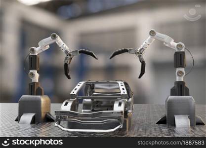 Car production processing service in factory robot hi tech robotic AI control arm hand robot artificial for car technology in garage dealership with tech hand cyborg engineering automotive 3D rendering
